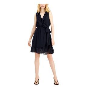 NWT INC DRESS Womens Navy Belted Sleeveless Short Party Faux Wrap Dress 8